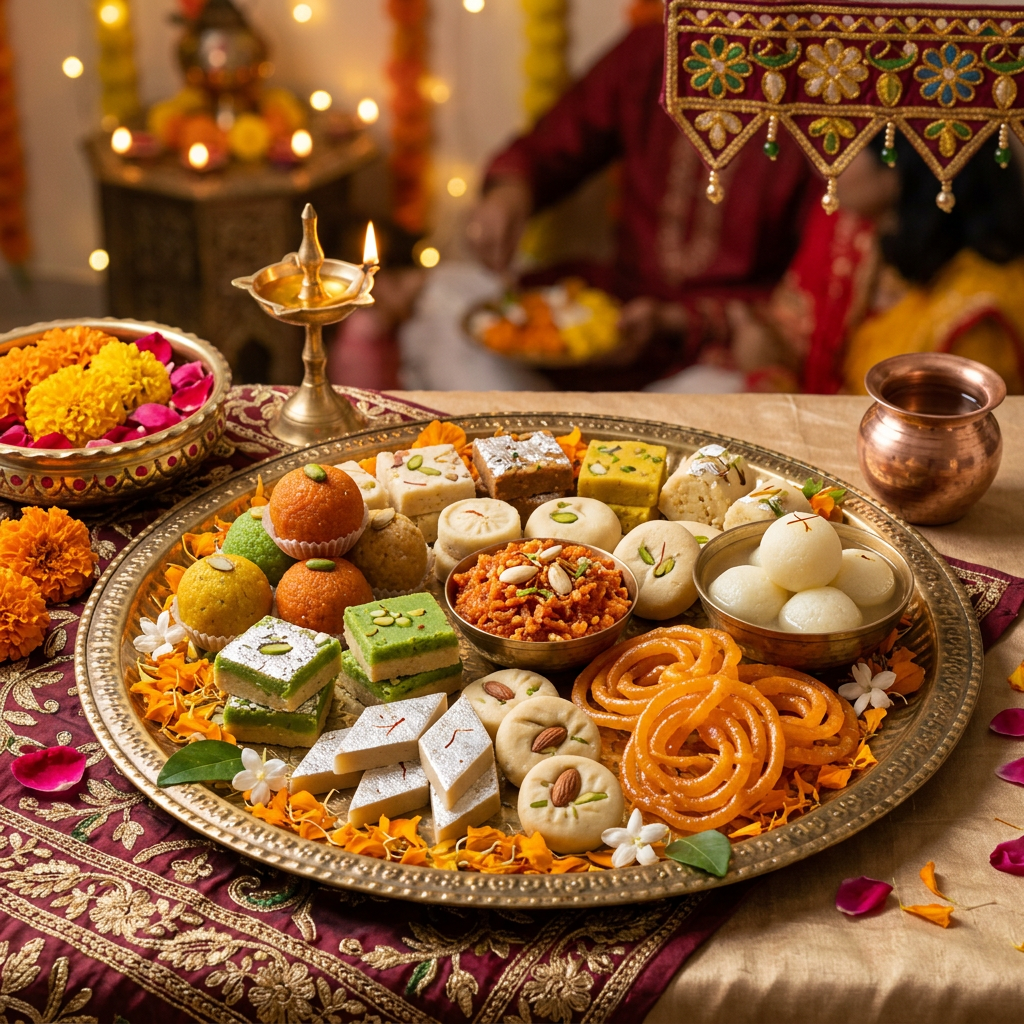 Platter with assorted Indian sweets including laddus, barfis, jalebi, and peda